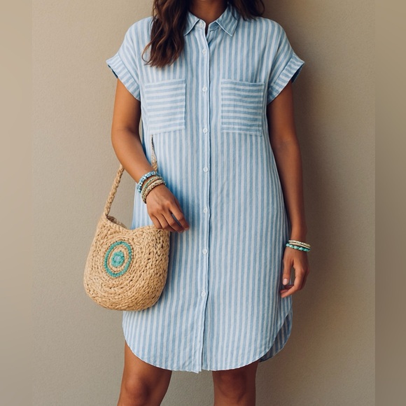 Jazmin Chebar Dresses & Skirts - Jazmin Chebar Blue White Linen Button Front T Shirt Dress Size 44 Large